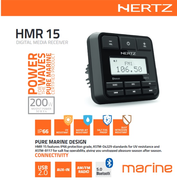 Hertz HMR 15 Marine Audio Digital Media Receiver Source Unit Marine Multi Media Receiver Player