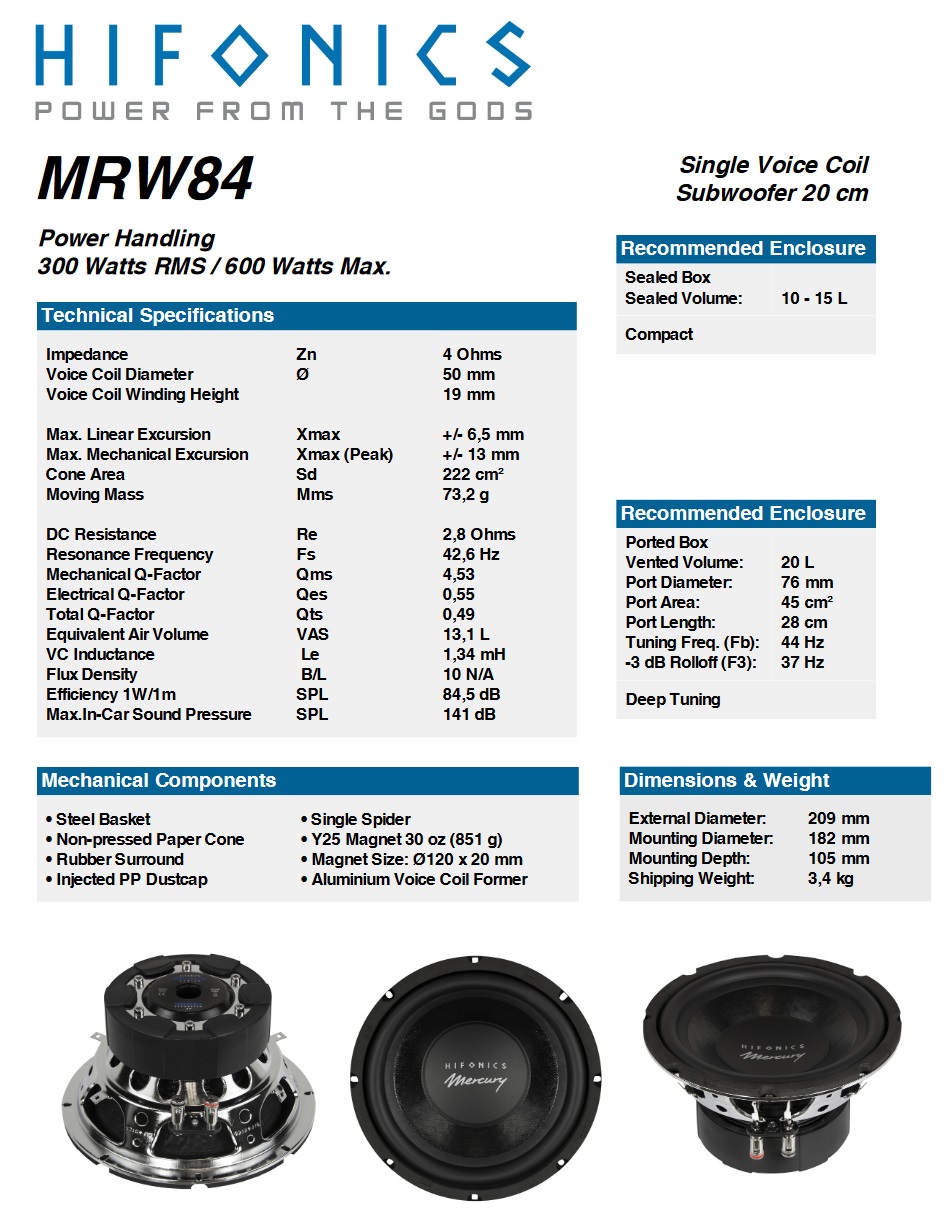 HIFONICS MRW-84 MERCURY Woofer 600 Watt Subwoofer 20 cm 