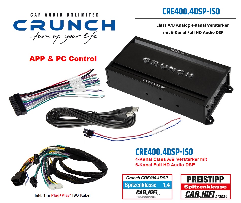 Crunch CRE400.4DSP-ISO Class A/B Analog 4-Kanal DSP Verstärker mit 6-Kanal Full HD Audio DSP Inkl. 1 Meter ISO Plug+Play Anschlusskabel