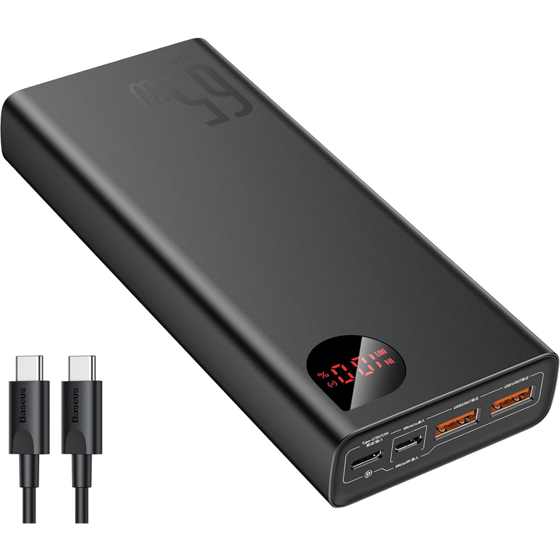 BASEUS PPADM65-S Powerbank 20000mAh, 65 Watt, USB-A, USB-C - Schnellladung Laptops, iPhones, Smartphone