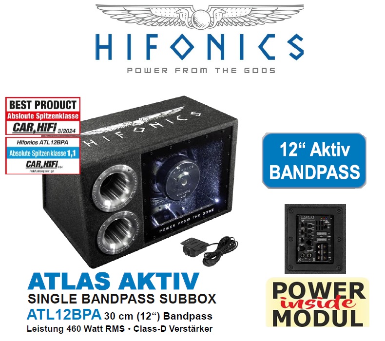 Hifonics ATL12BPA 30 cm (12“) Bandpass aktiv Subwoofer 460 Watt RMS Class-D Verstärker mit Basspegel-Kabelfernbedienung   