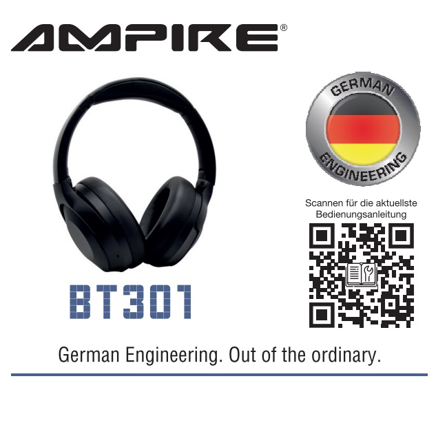 Ampire BT301 kabelloser Bluetooth Kopfhörer, faltbar, schwarz, Noise Cancellation