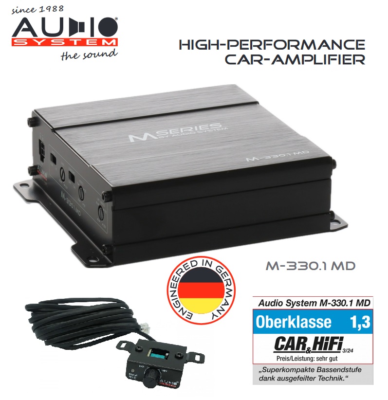 Audio System M-330.1 MD 1-Kanal Digital Mikro Mono Verstärker 330 Watt RMS Endstufe mit RTC Basspegel Fernbedienung