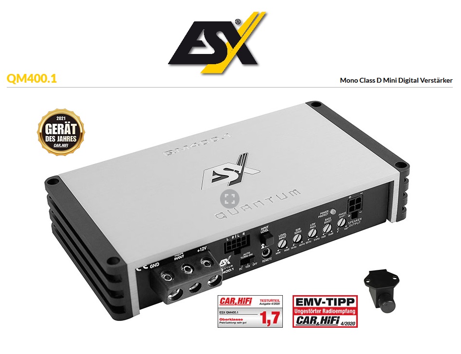 ESX QM400.1 Mono Class D Mini Digital Verstärker inkl. Bass-Pegelfernbedienung 1 x 250/450 Watt RMS 4/2 Ohm   