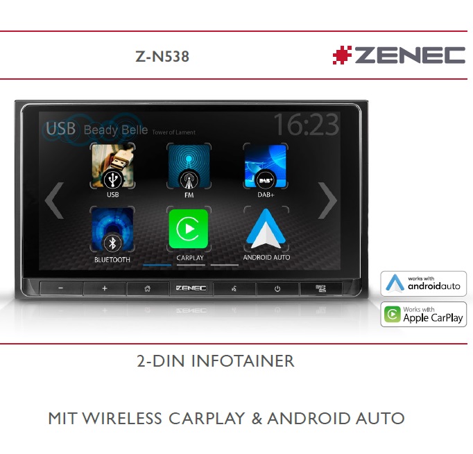 ZENEC Z-N538 2-Din Autoradio, Infotainer, Multimediasystem Touchscreen, DAB+, Mediencenter mit Wireless Android Auto / Apple CarPlay, für PKWs, Wohnmobile