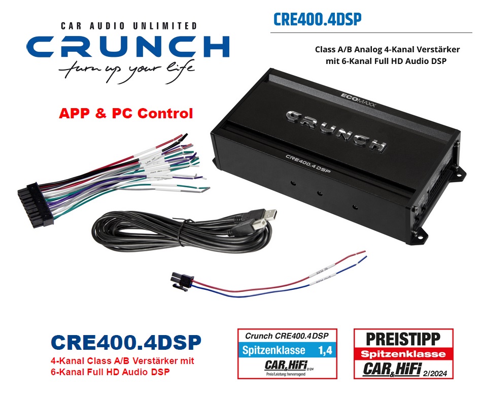 Crunch CRE400.4DSP Class A/B Analog 4-Kanal DSP Verstärker mit 6-Kanal Full HD Audio DSP